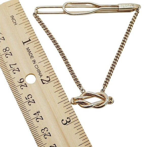 Vintage Swank Slide On Tie Bar W/ Chain Knotted Accent Red Glass Ends Gold Tone - Picture 8 of 8